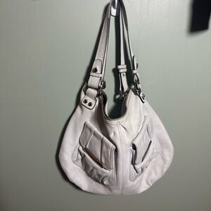 White Leather Shoulder Hobo Bag with Front Pockets